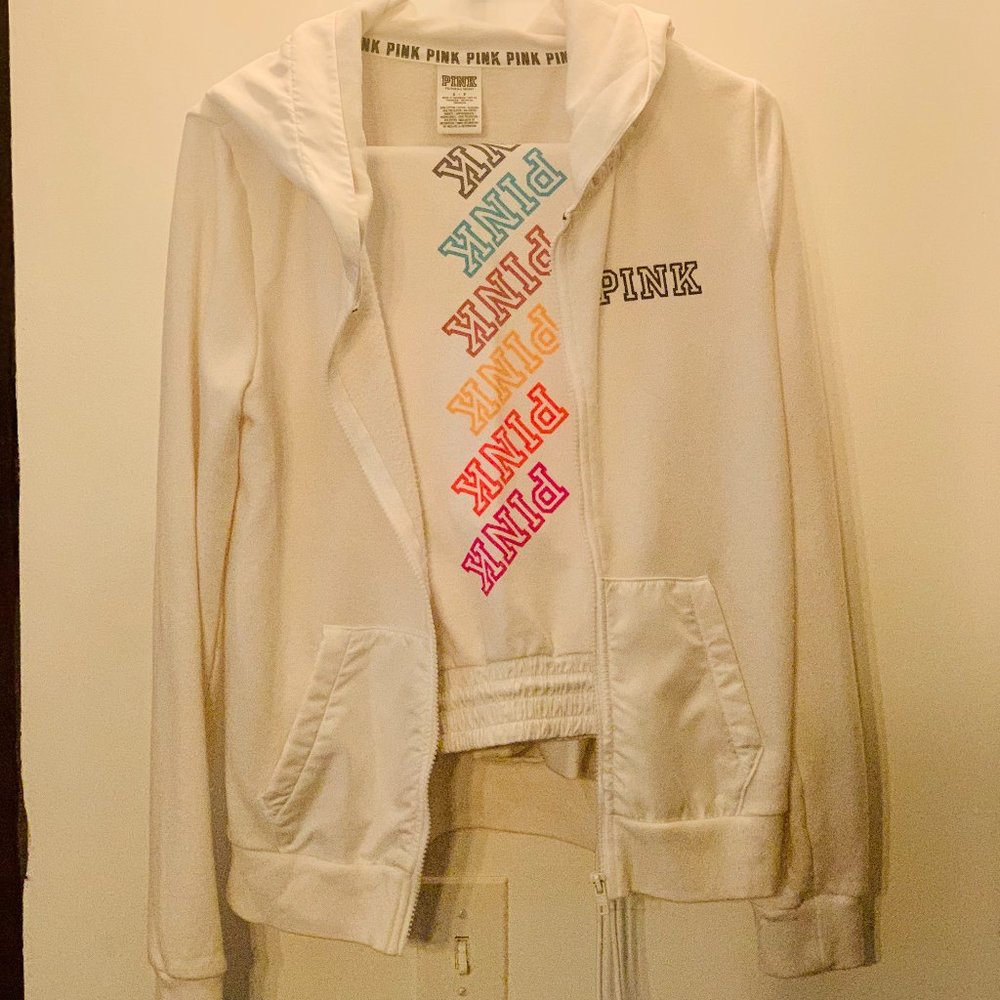White PINK Zip Up Hoodie & Matching Pants